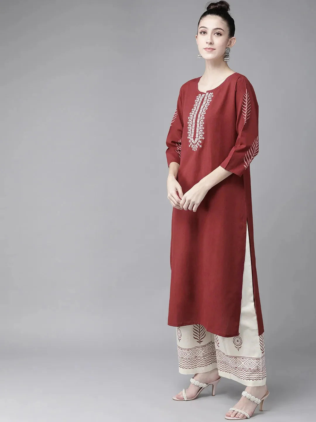 Maroon & Offwhite Embroidered Dupatta Set-Yufta Store-7490SETMRS