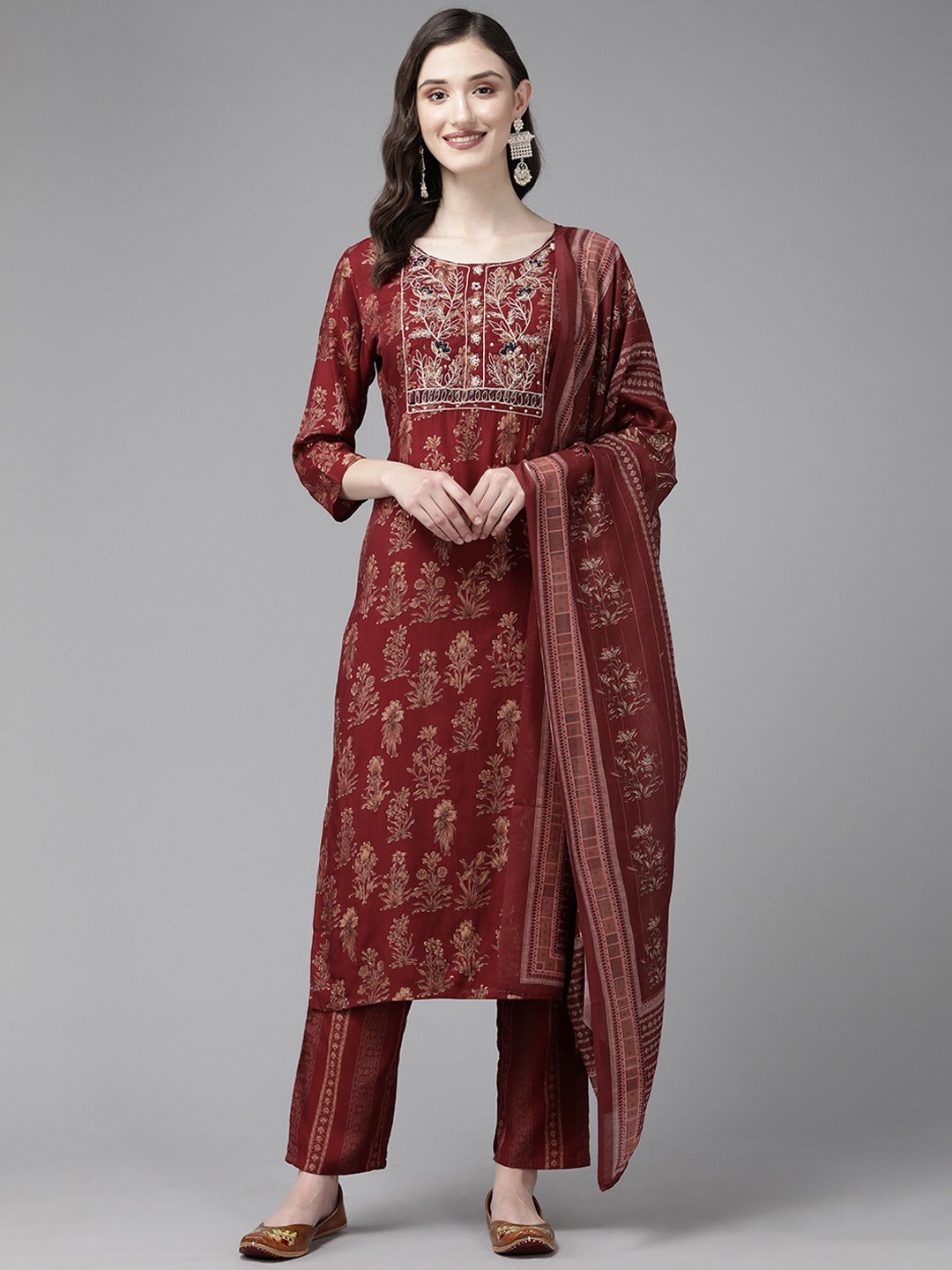 Maroon Printed Dupatta Set-Yufta Store-1109SKDMRM