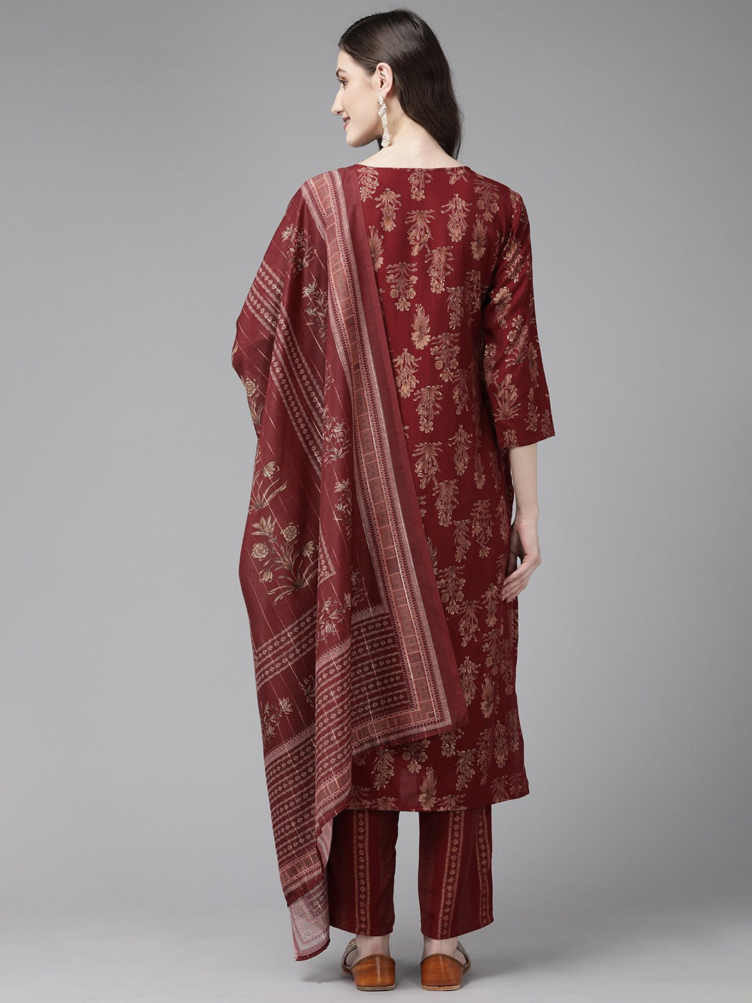 Maroon Printed Dupatta Set-Yufta Store-1109SKDMRM