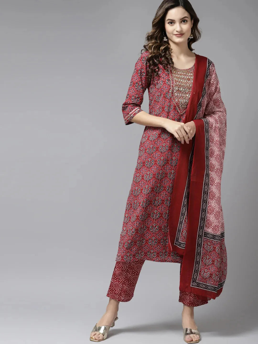 Maroon Printed Dupatta Set-Yufta Store-5405SKDPKM