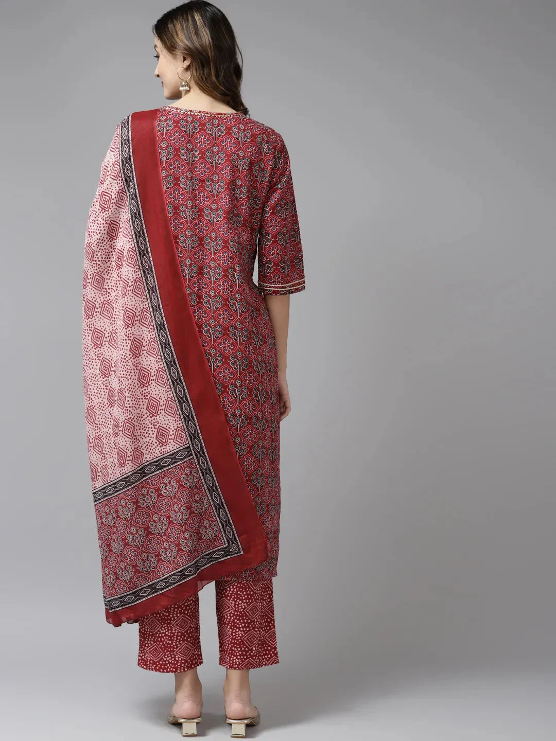 Maroon Printed Dupatta Set-Yufta Store-5405SKDPKM