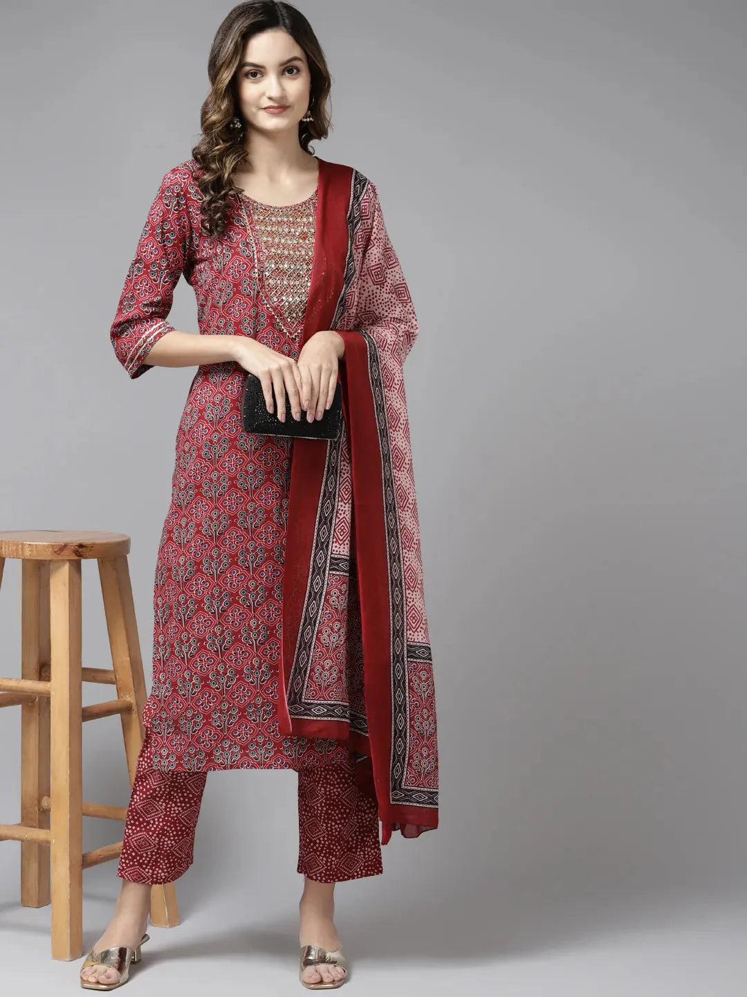 Maroon Printed Dupatta Set-Yufta Store-5405SKDPKM