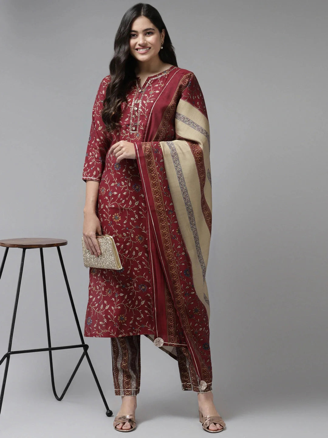 Maroon Printed Dupatta Set-Yufta Store-5606SKDMRM