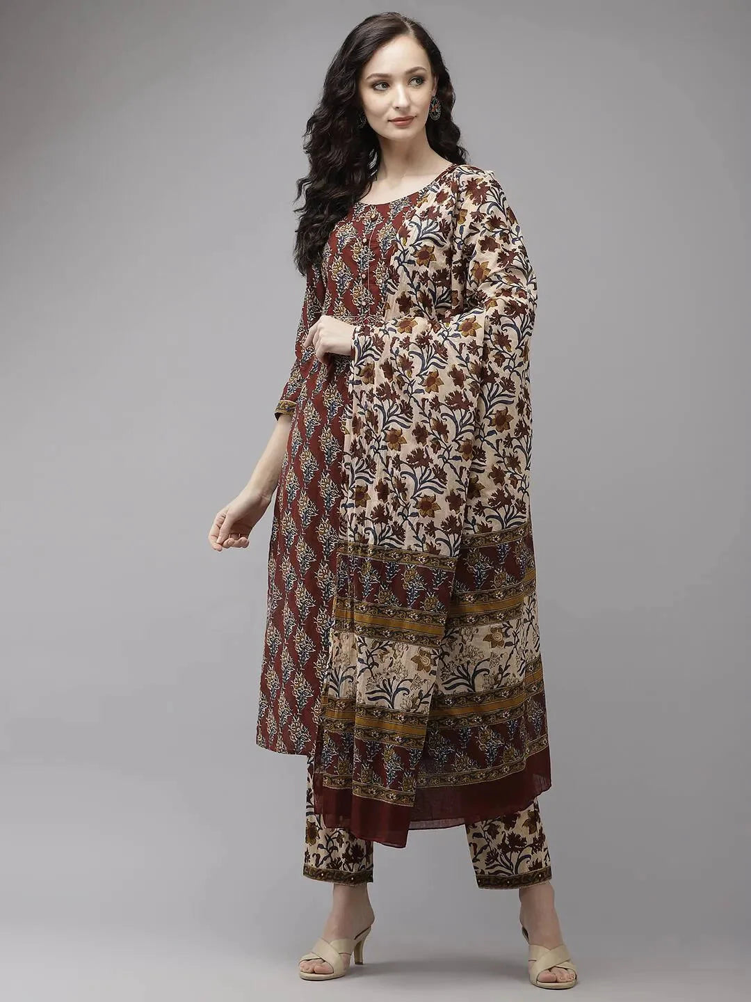 Maroon Printed Dupatta Set-Yufta Store-9064SKDMRS