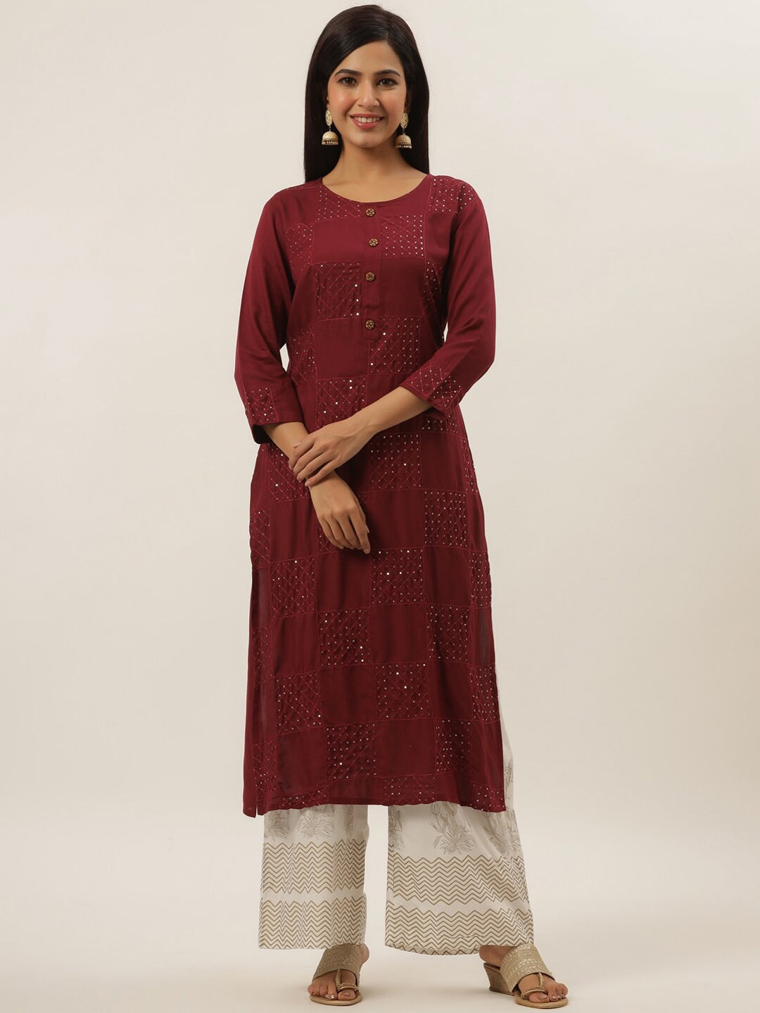 Maroon Sequined Dupatta Set-Yufta Store-5136SKDMRM