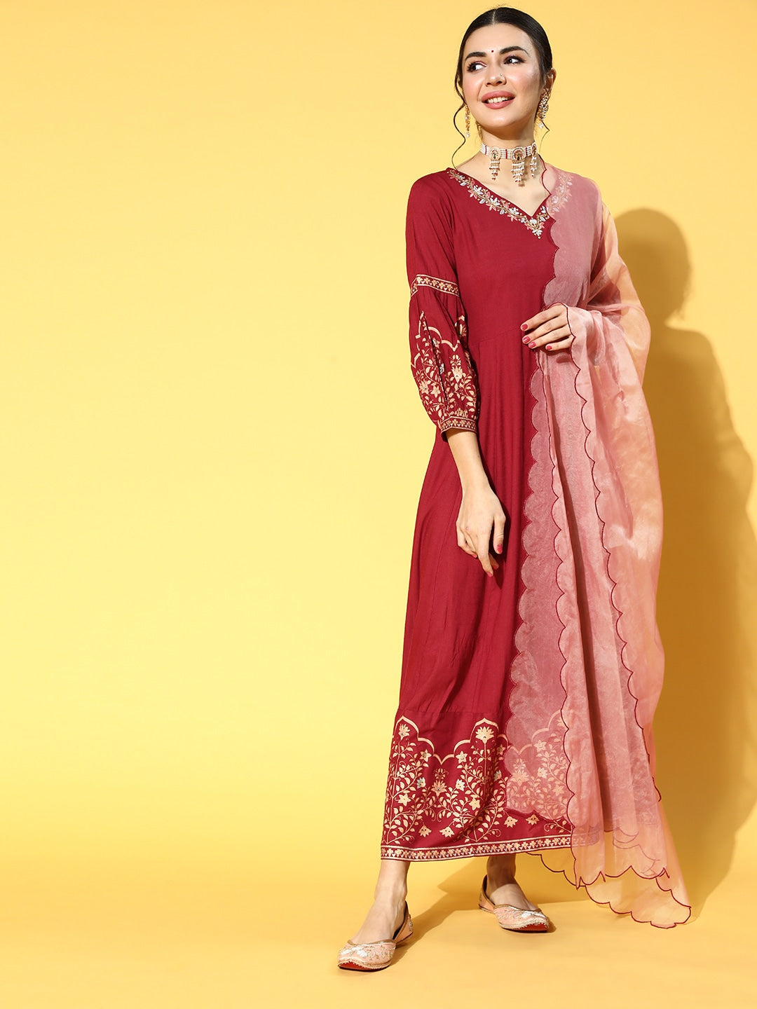 Maroon Yoke Design Dress With Dupatta-Yufta Store-9526DRSMRS