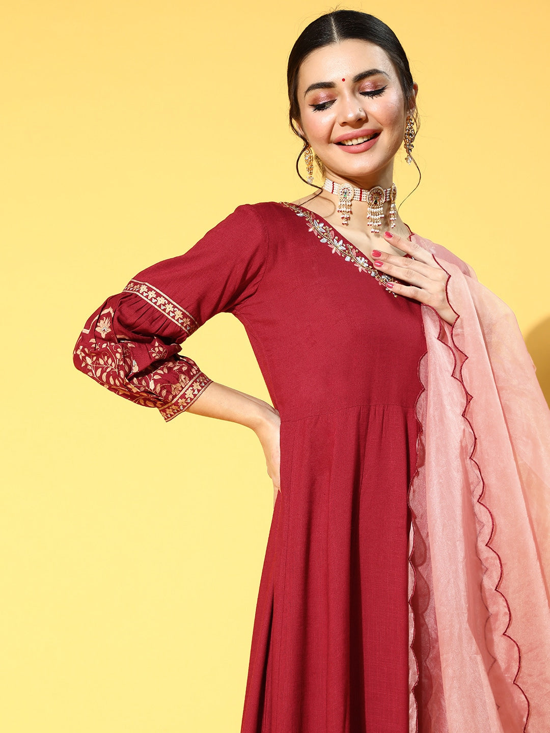 Maroon Yoke Design Dress With Dupatta-Yufta Store-9526DRSMRS