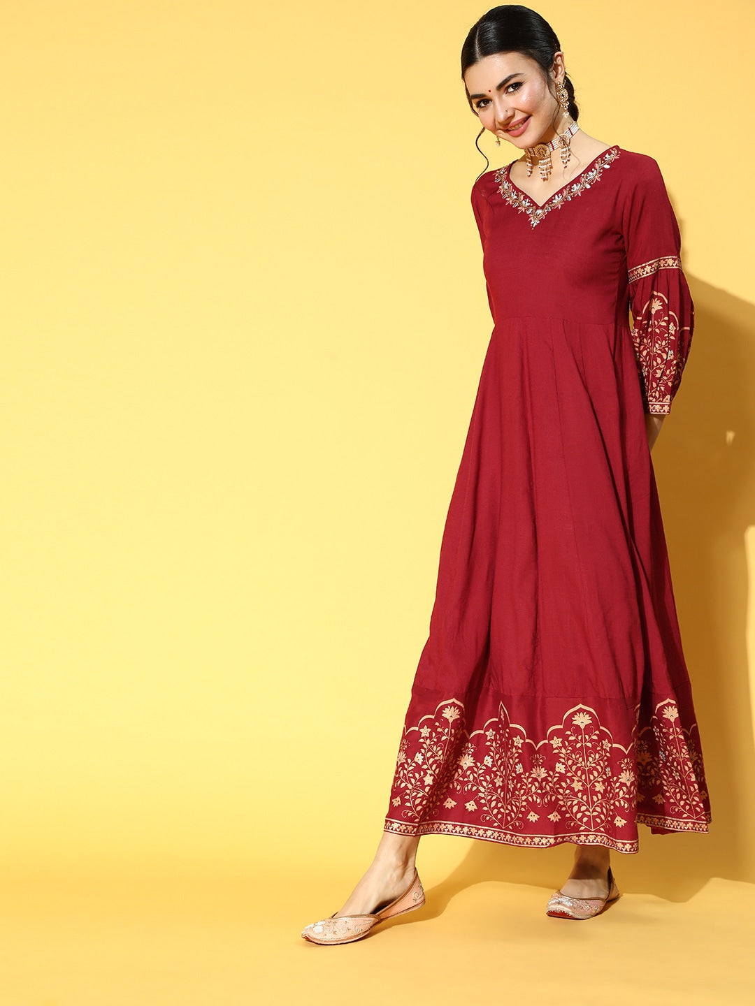 Maroon Yoke Design Dress With Dupatta-Yufta Store-9526DRSMRS