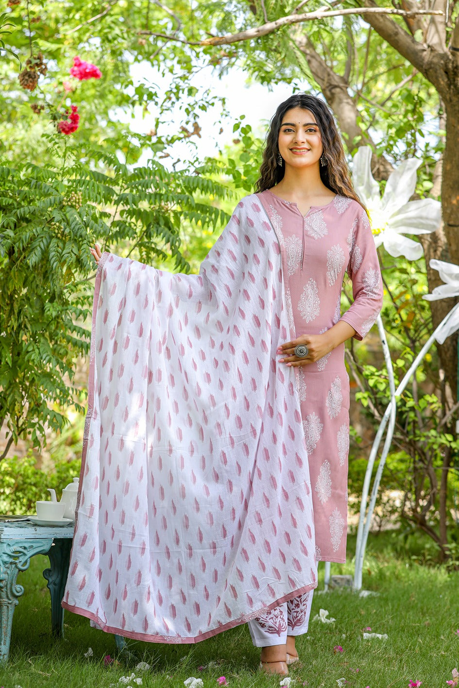 Mauve & Off White Printed Dupatta Set-Yufta Store-7298SETPRXS