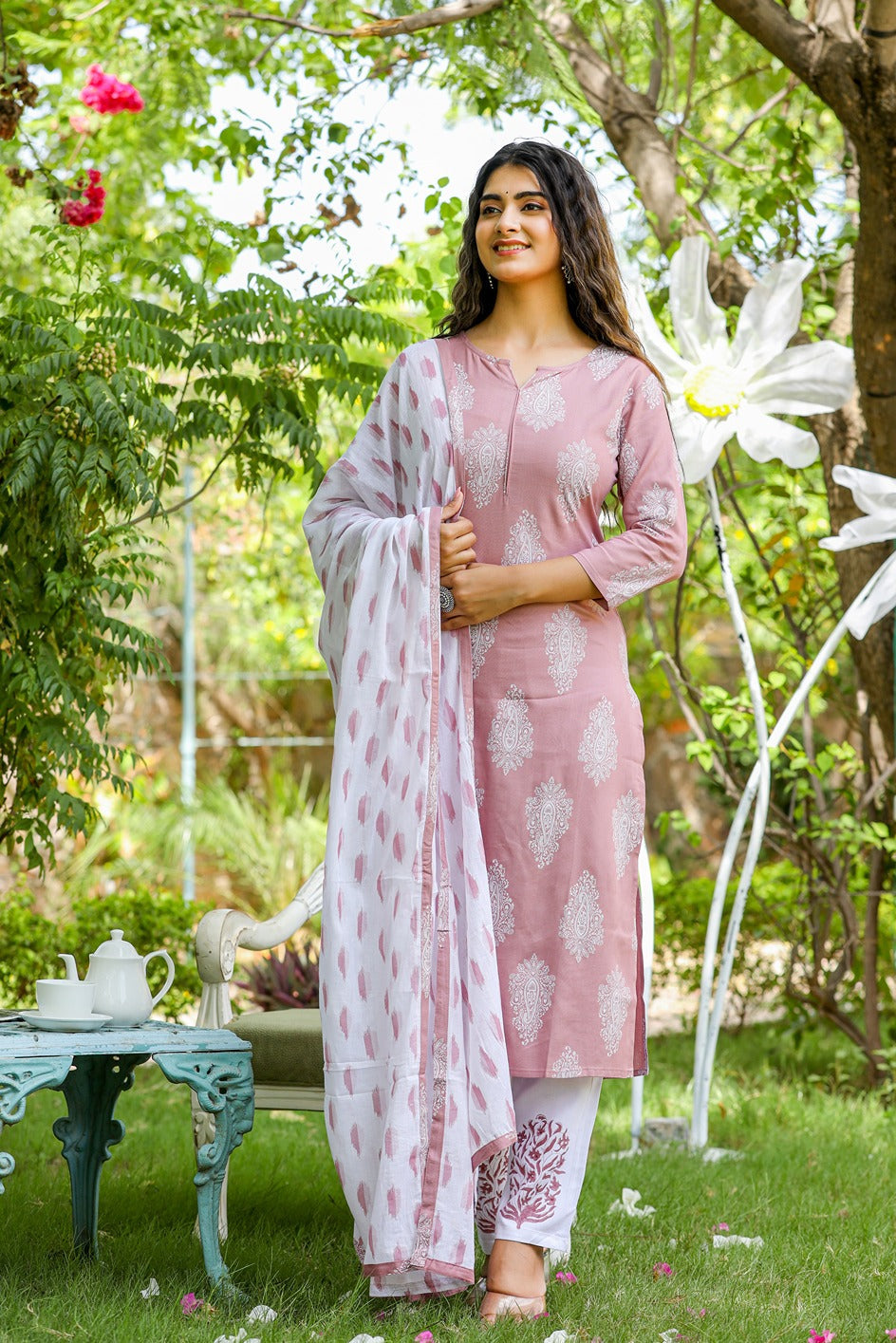 Mauve & Off White Printed Dupatta Set-Yufta Store-7298SETPRXS