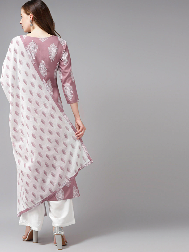 Mauve & Offwhite Printed Dupatta Set-Yufta Store-7298SETPRXS