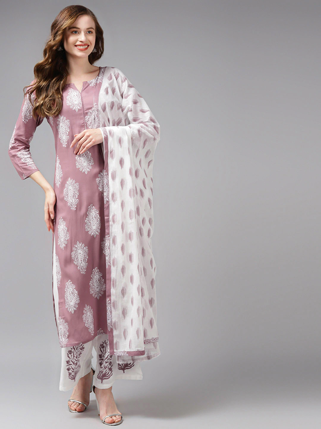 Mauve & Offwhite Printed Dupatta Set-Yufta Store-7298SETPRXS