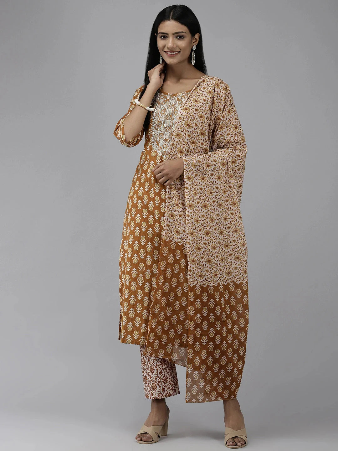 Mustard Ethnic Printed Dupatta Set-Yufta Store-9696SKDMSM