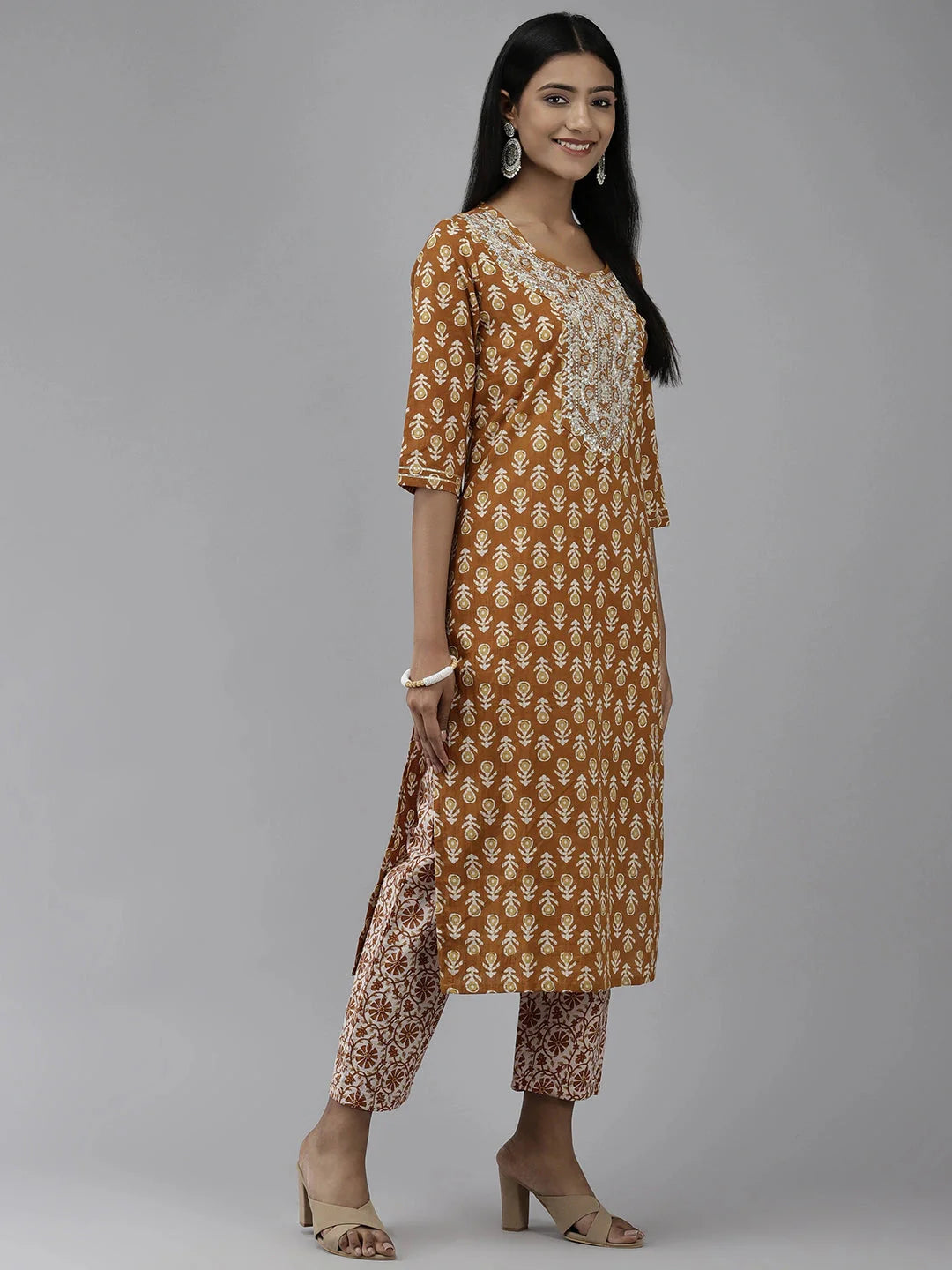 Mustard Ethnic Printed Dupatta Set-Yufta Store-9696SKDMSM