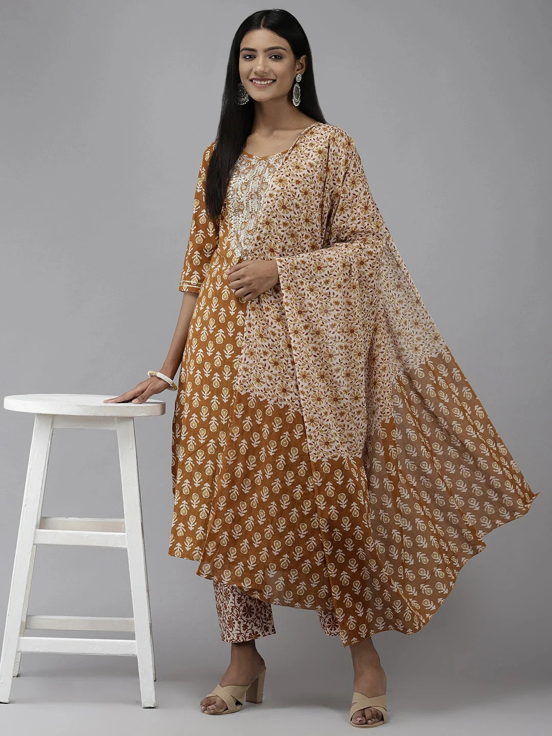 Mustard Ethnic Printed Dupatta Set-Yufta Store-9696SKDMSM