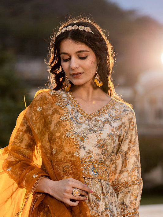 Mustard Paisley Puff Sleeves Anarkali Kurta Trouser And Dupatta Set-Yufta Store-1688SKDMSS