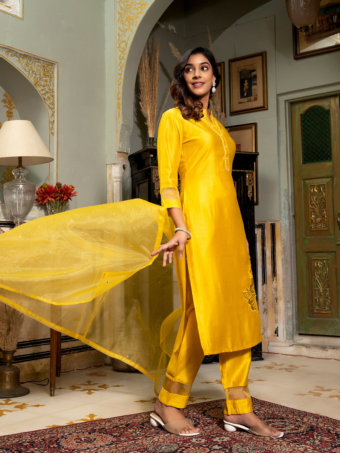 Mustard Patch_Work Kurta Trouser with Dupatta Set