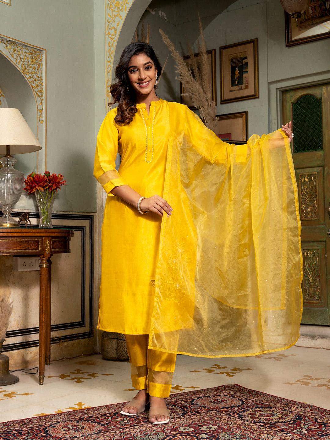 Mustard Patch_Work Kurta Trouser with Dupatta Set