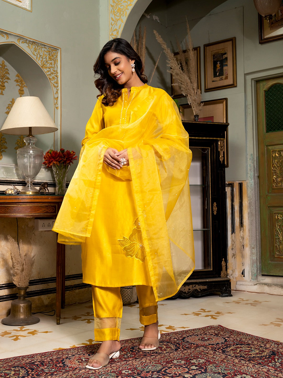 Mustard Patch_Work Kurta Trouser with Dupatta Set