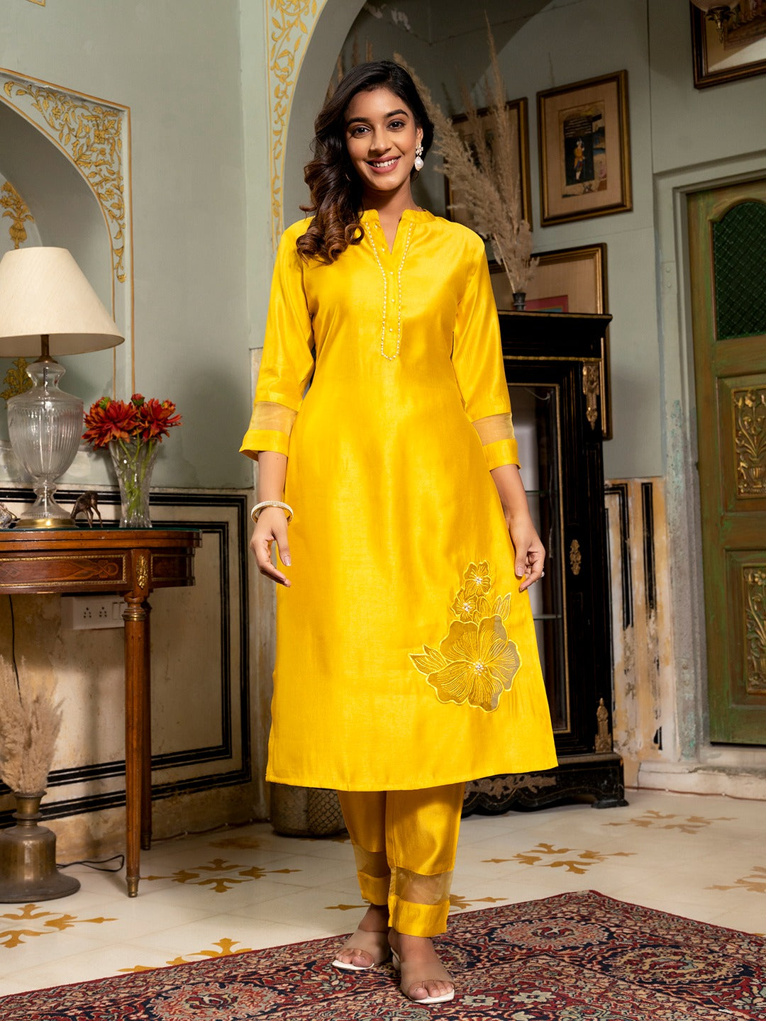 Mustard Patch_Work Kurta Trouser with Dupatta Set