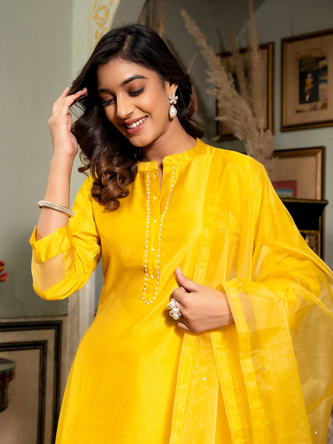 Mustard Patch_Work Kurta Trouser with Dupatta Set