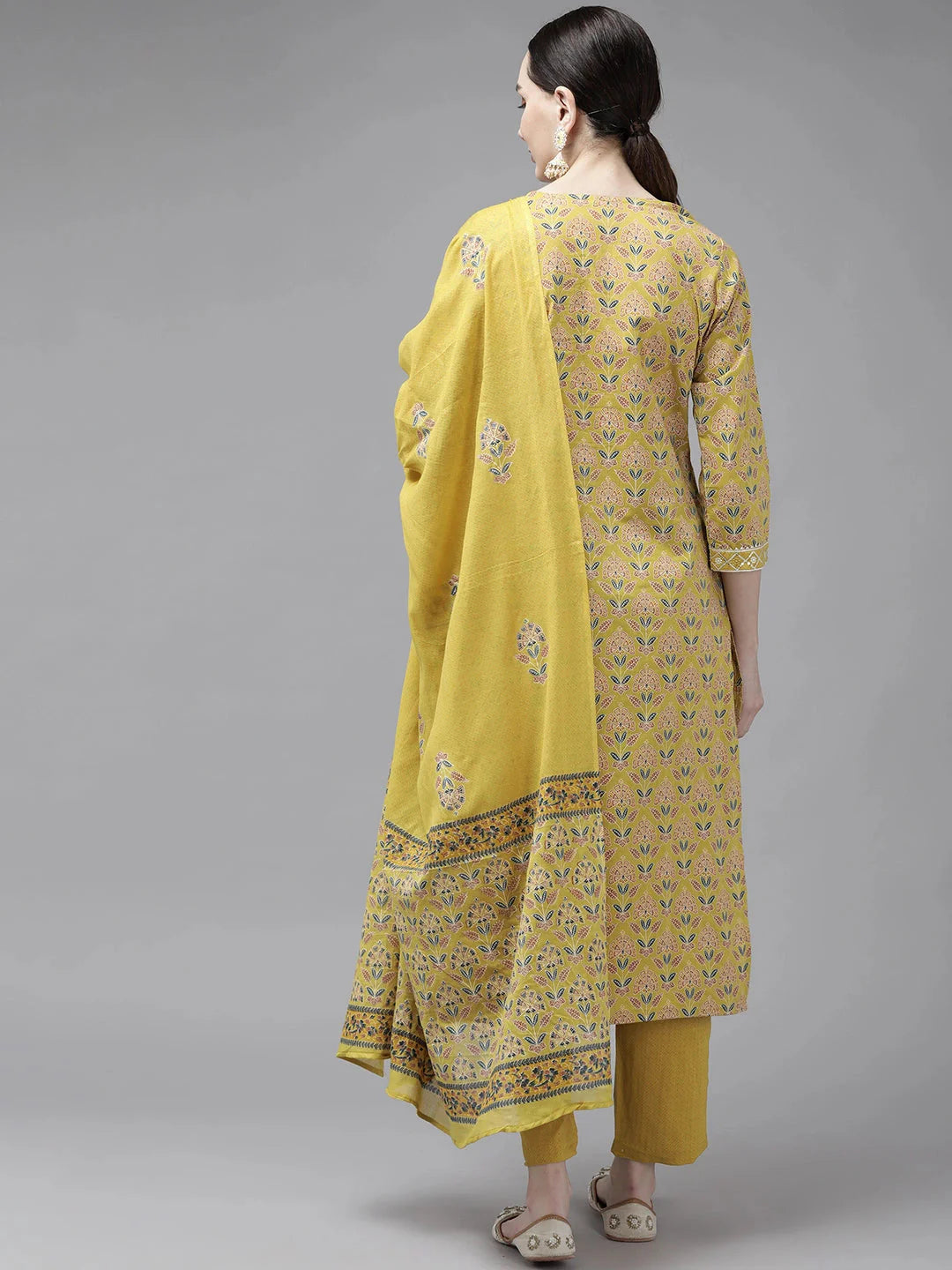 Mustard Printed Cotton Dupatta Set-Yufta Store-2511SKDMSM