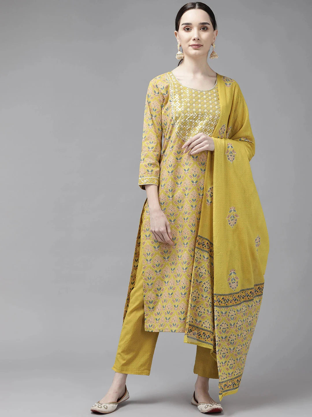 Mustard Printed Cotton Dupatta Set-Yufta Store-2511SKDMSM