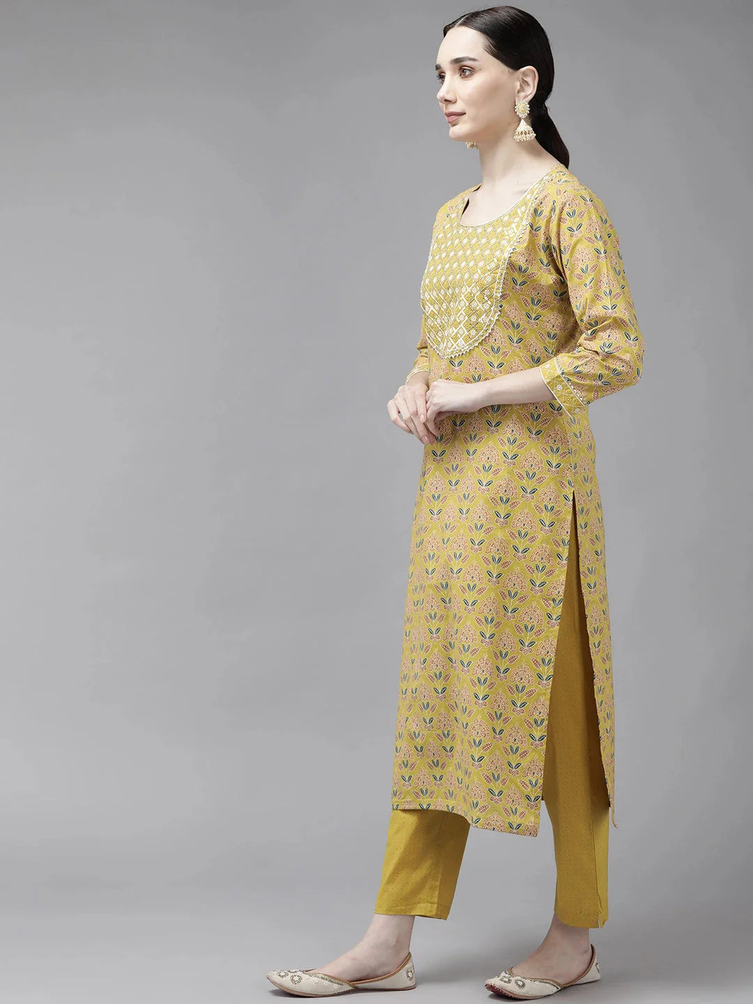 Mustard Printed Cotton Dupatta Set-Yufta Store-2511SKDMSM