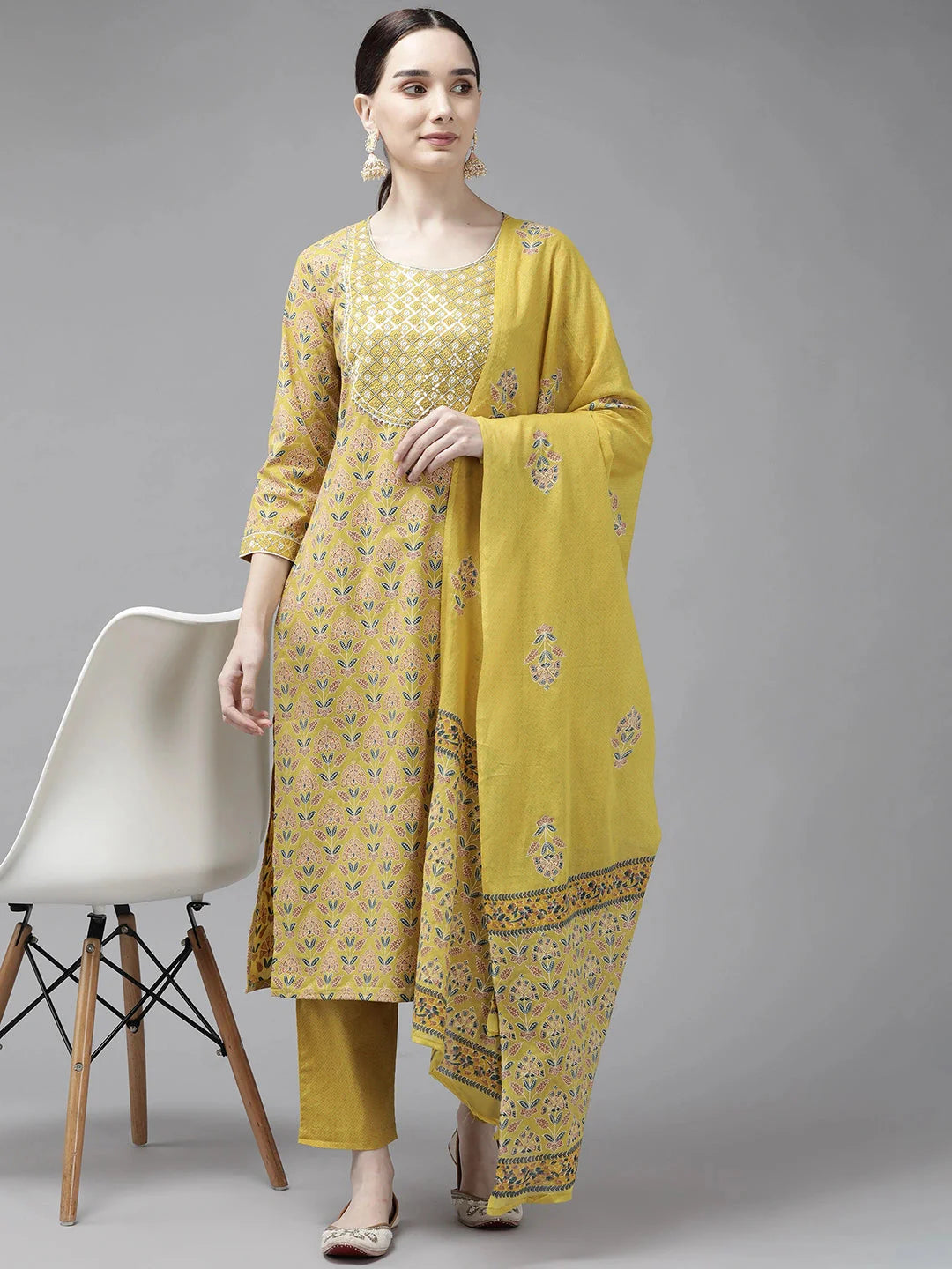 Mustard Printed Cotton Dupatta Set-Yufta Store-2511SKDMSM