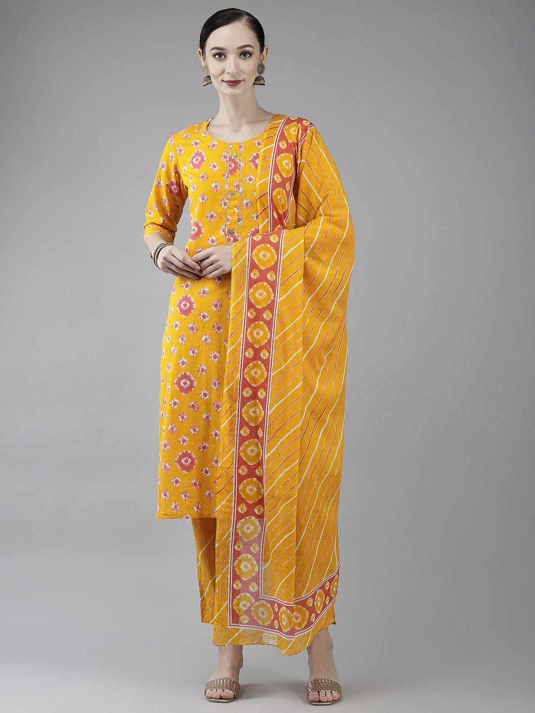 Mustard Printed Cotton Dupatta Set-Yufta Store-4780SKDMSM