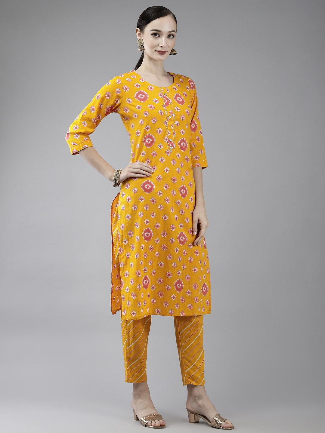 Mustard Printed Cotton Dupatta Set-Yufta Store-4780SKDMSM