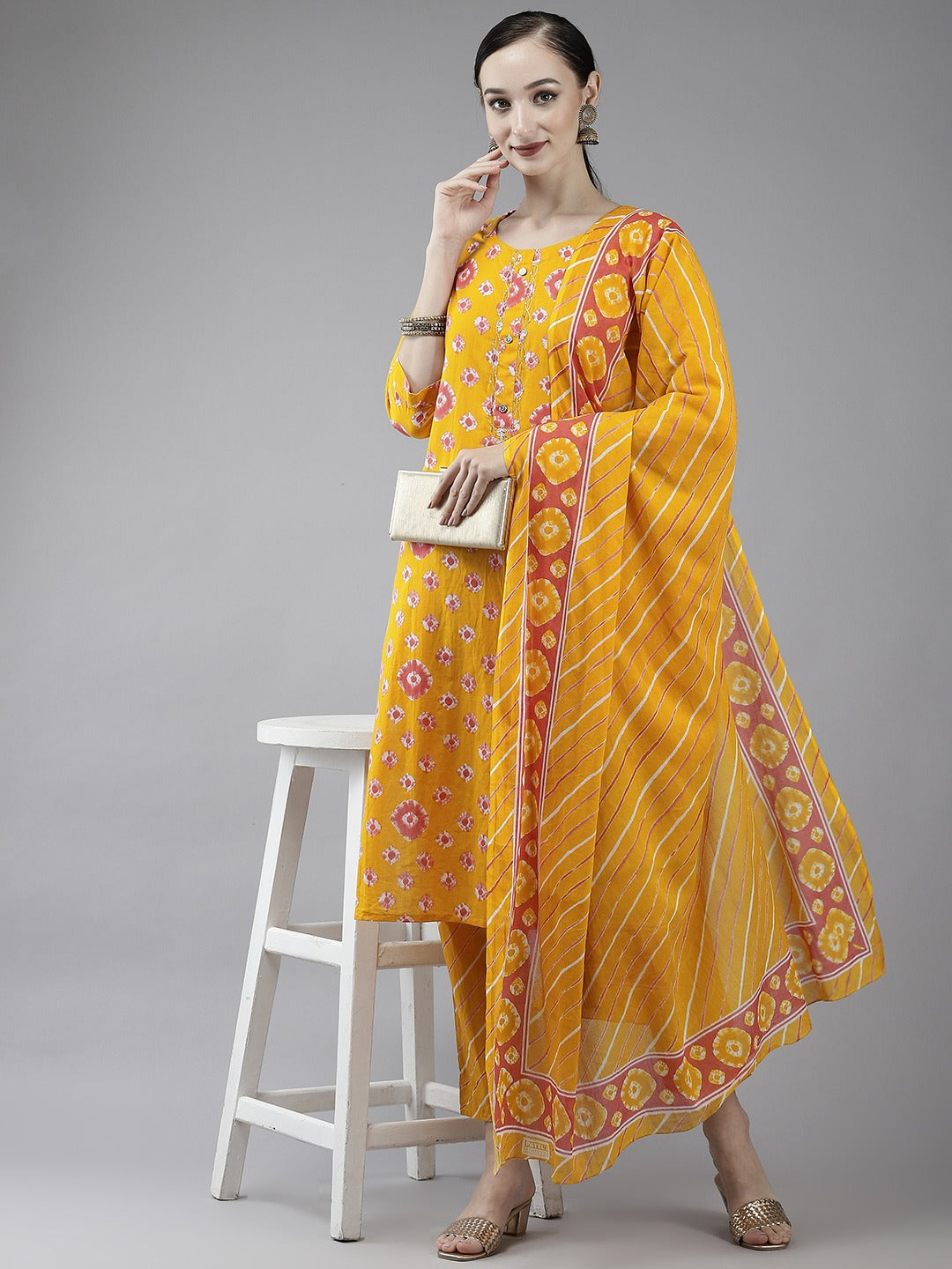 Mustard Printed Cotton Dupatta Set-Yufta Store-4780SKDMSM