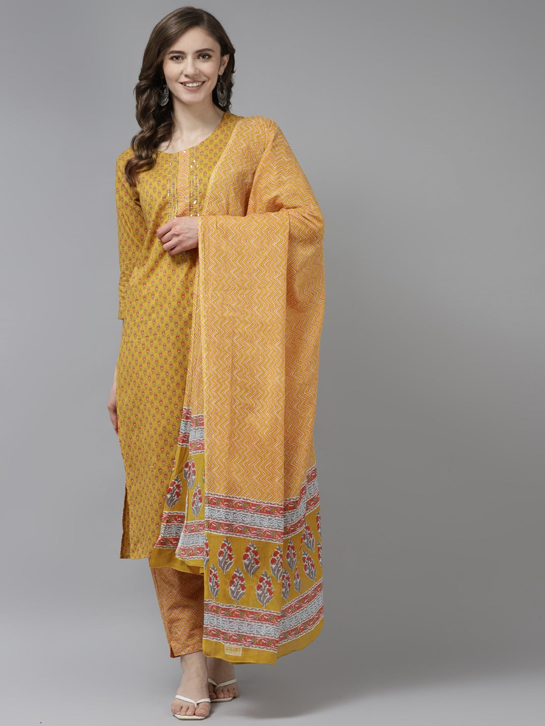 Mustard Printed Dupatta Set-Yufta Store-9727SKDMSS