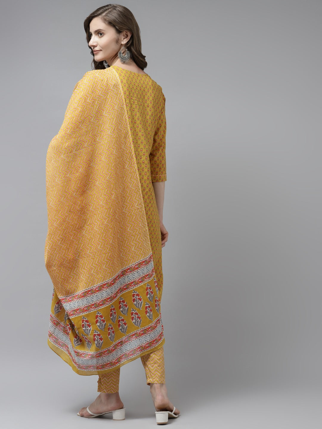 Mustard Printed Dupatta Set-Yufta Store-9727SKDMSS