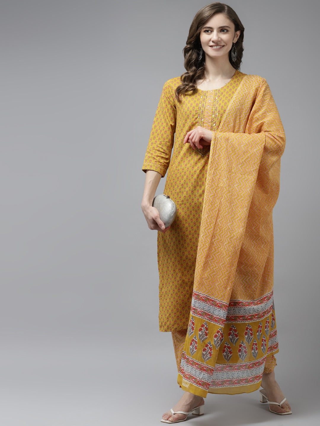 Mustard Printed Dupatta Set-Yufta Store-9727SKDMSS