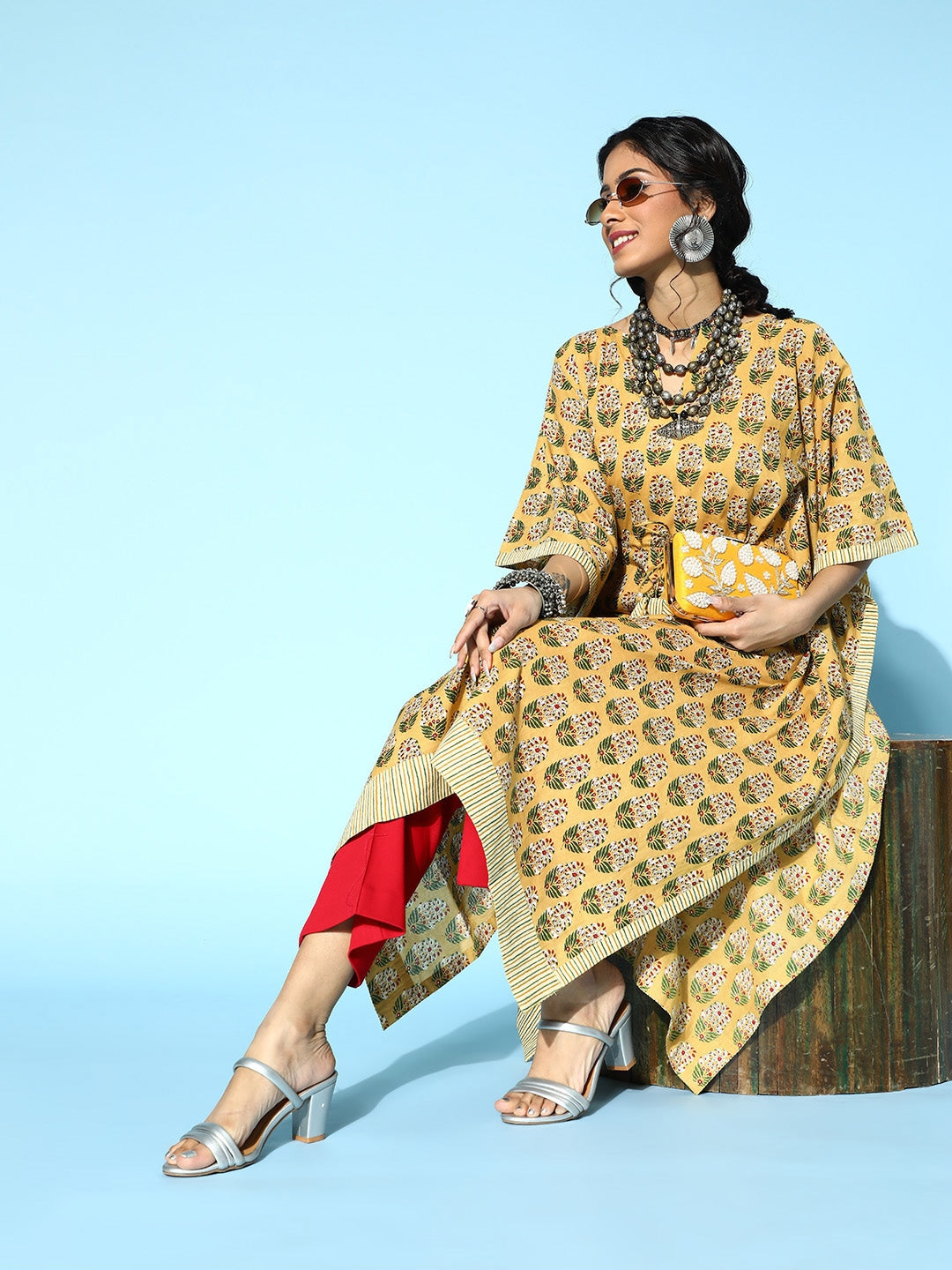 Mustard Printed Kaftan Kurta-Yufta Store-9538KFTMSS