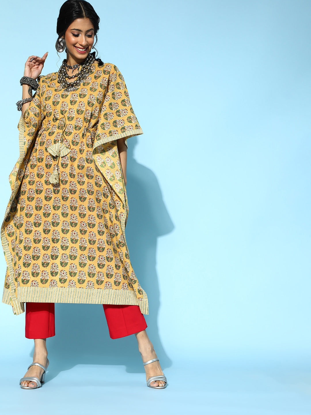 Mustard Printed Kaftan Kurta-Yufta Store-9538KFTMSS