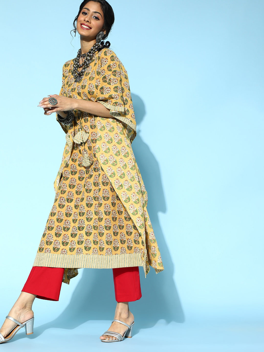 Mustard Printed Kaftan Kurta-Yufta Store-9538KFTMSS