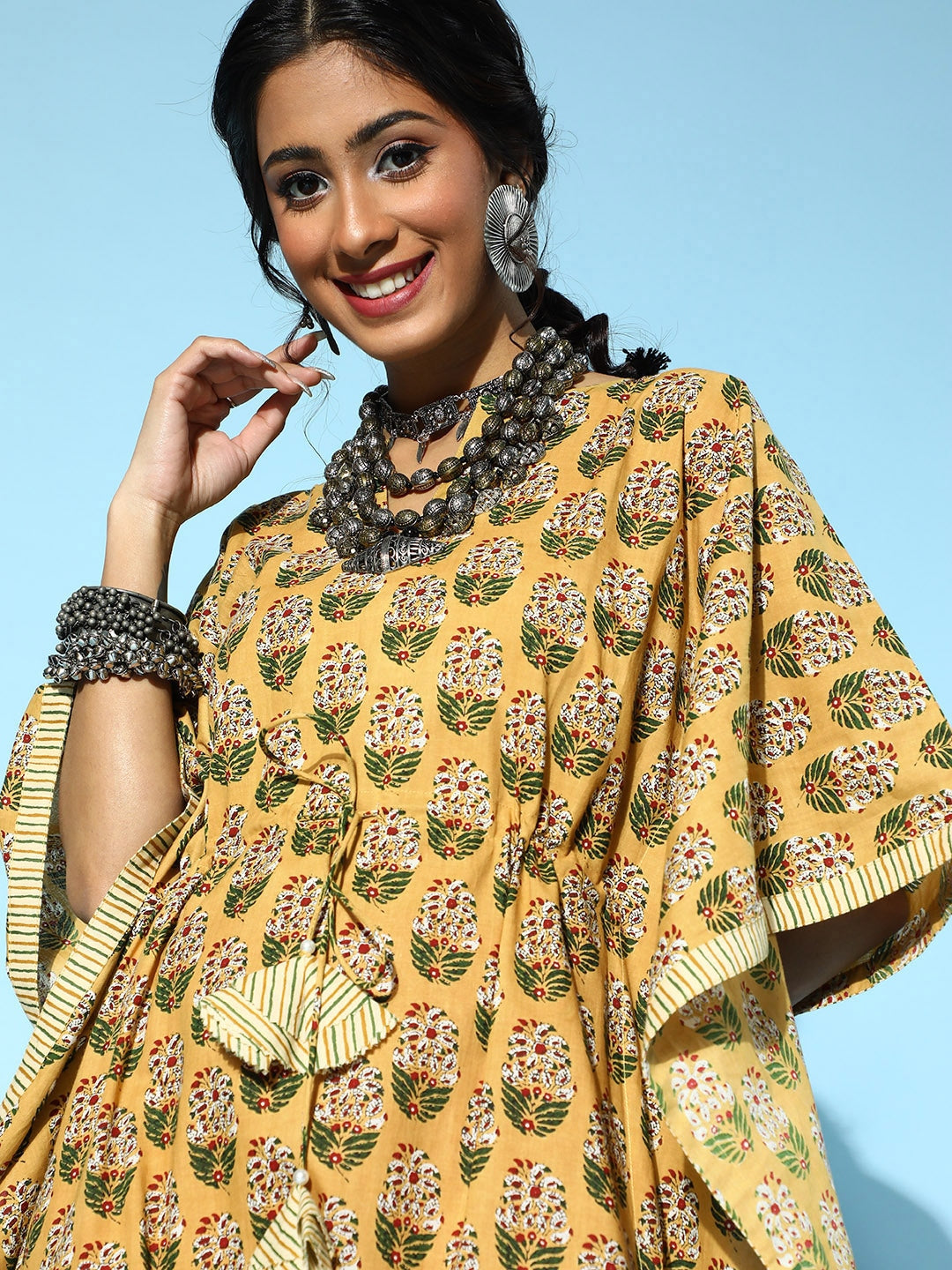 Mustard Printed Kaftan Kurta-Yufta Store-9538KFTMSS