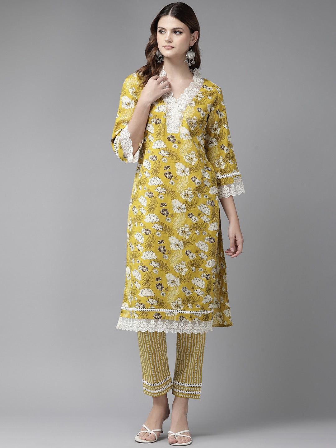 Mustard Pure Cotton kurta set with embroidery Kurta Trouser Set-Yufta Store-1793SETMSS