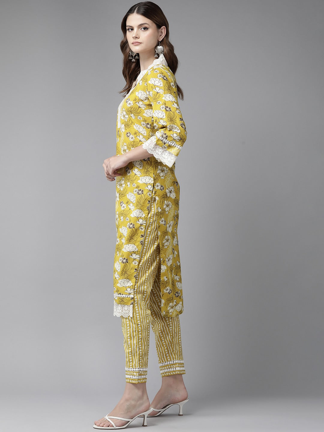 Mustard Pure Cotton kurta set with embroidery Kurta Trouser Set-Yufta Store-1793SETMSS