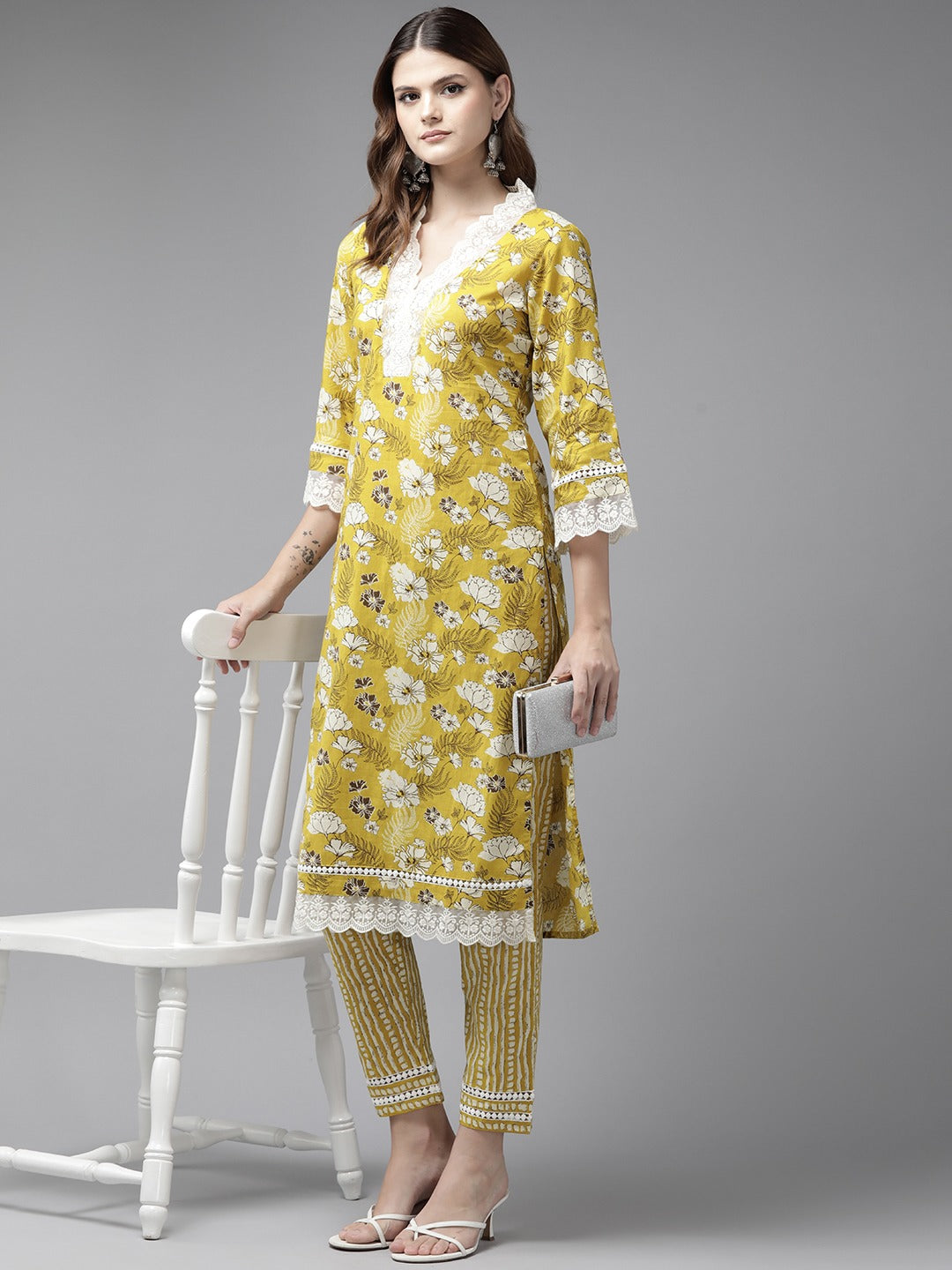 Mustard Pure Cotton kurta set with embroidery Kurta Trouser Set-Yufta Store-1793SETMSS