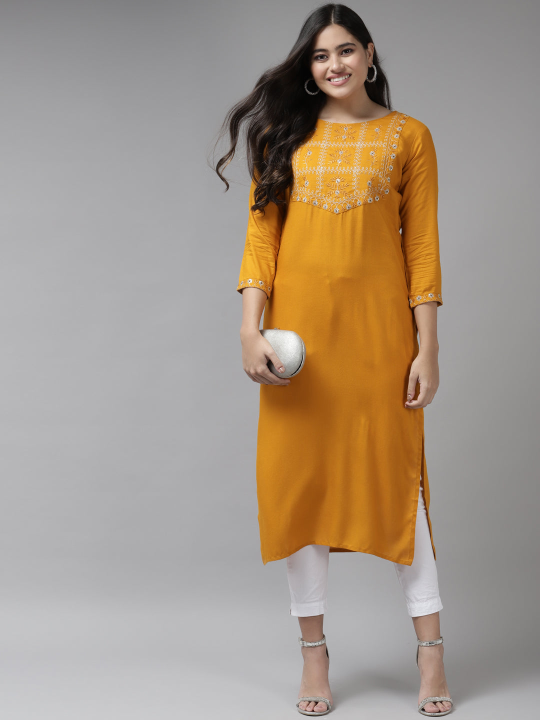 Mustard Thread Work Kurta-Yufta Store-6214KURMSS