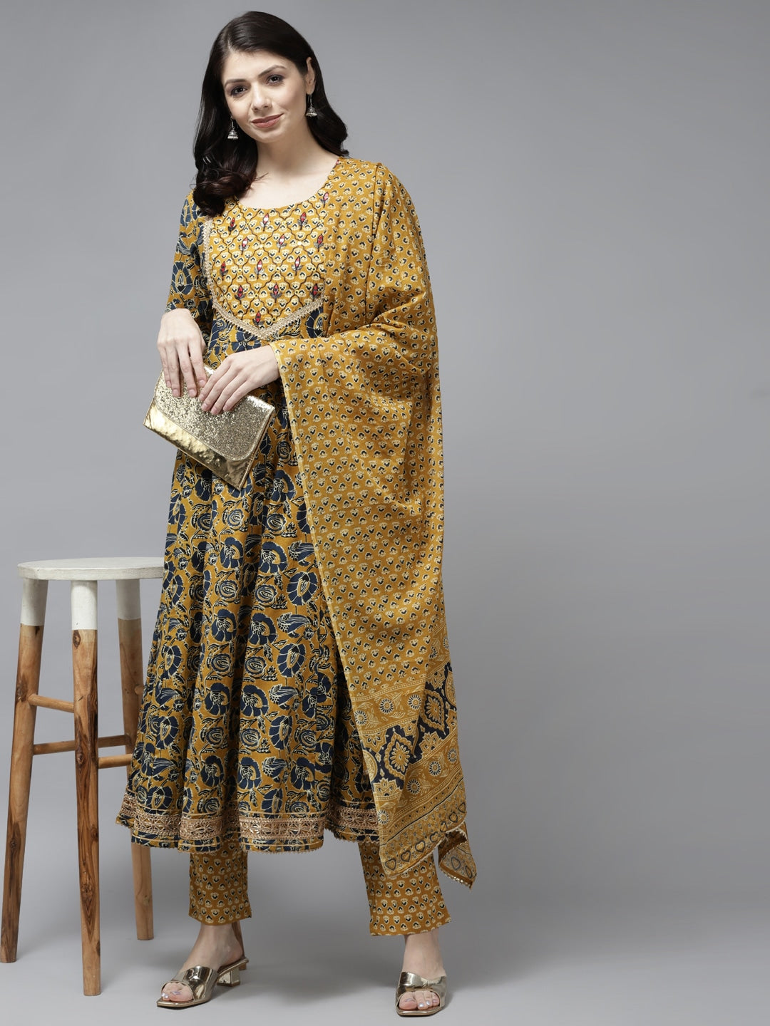 Mustard Yellow Ethnic Motifs Dupatta Set-Yufta Store-5903SKDMSM