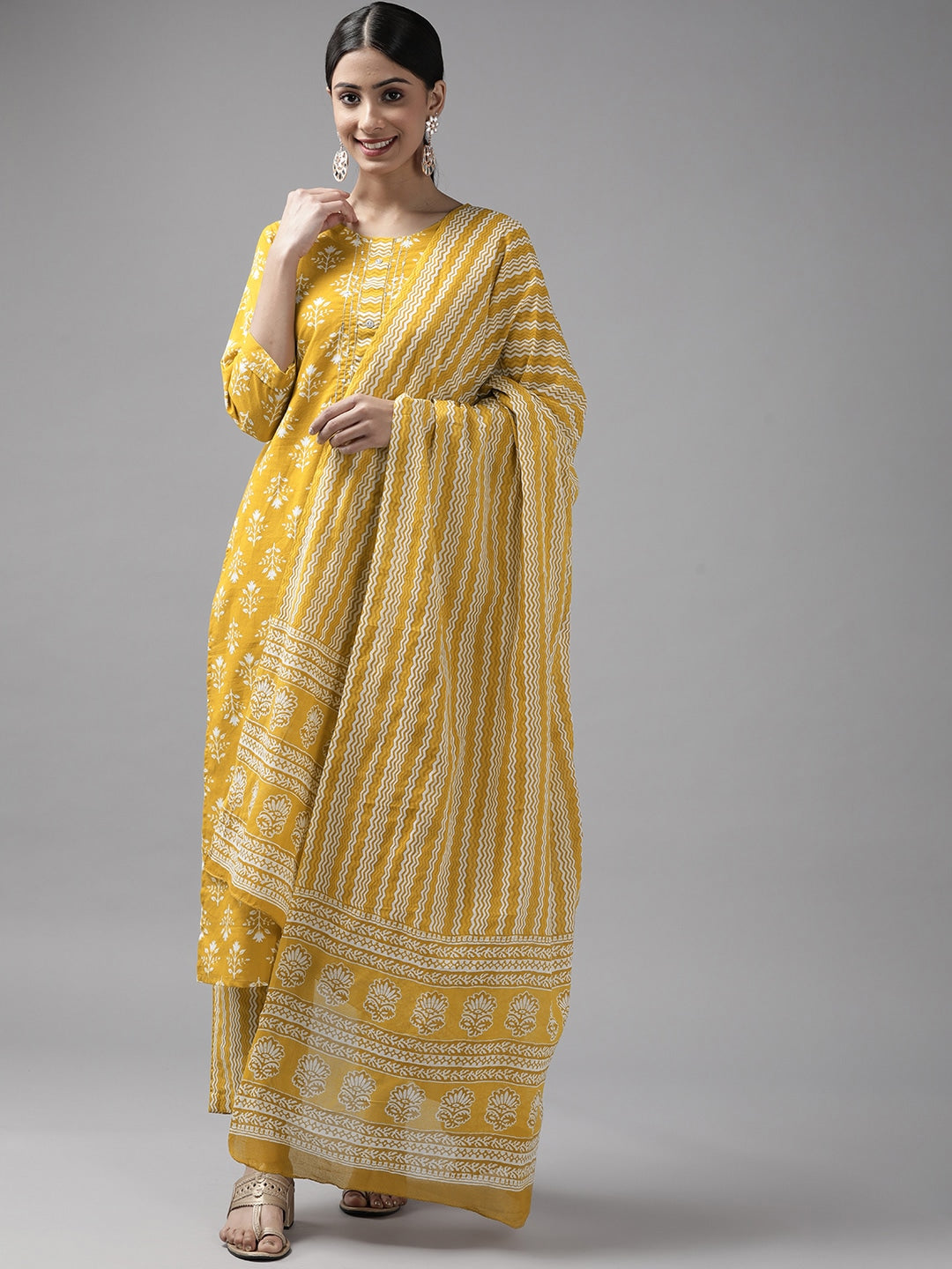 Mustard Yellow Printed Dupatta Set