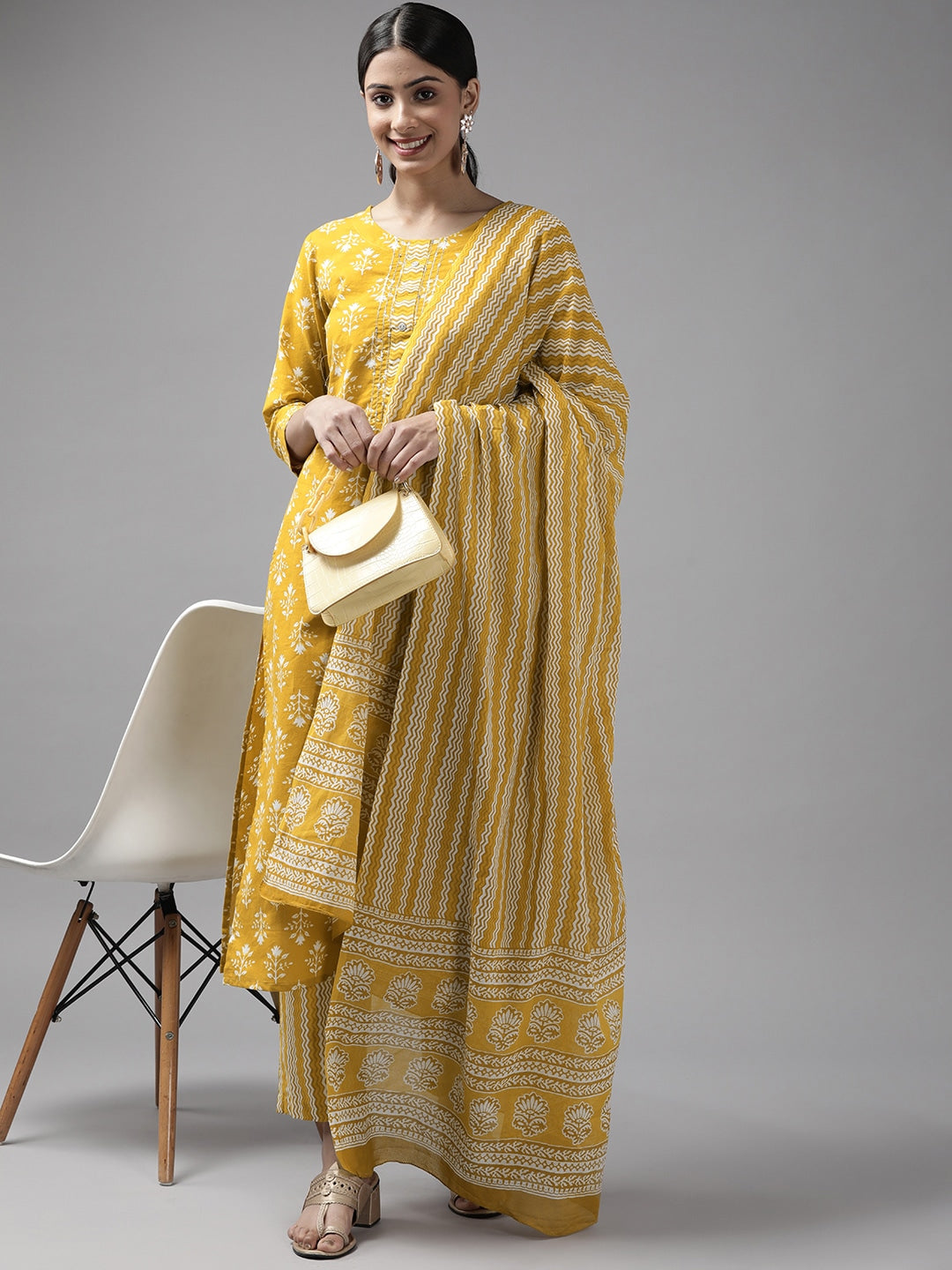 Mustard Yellow Printed Dupatta Set