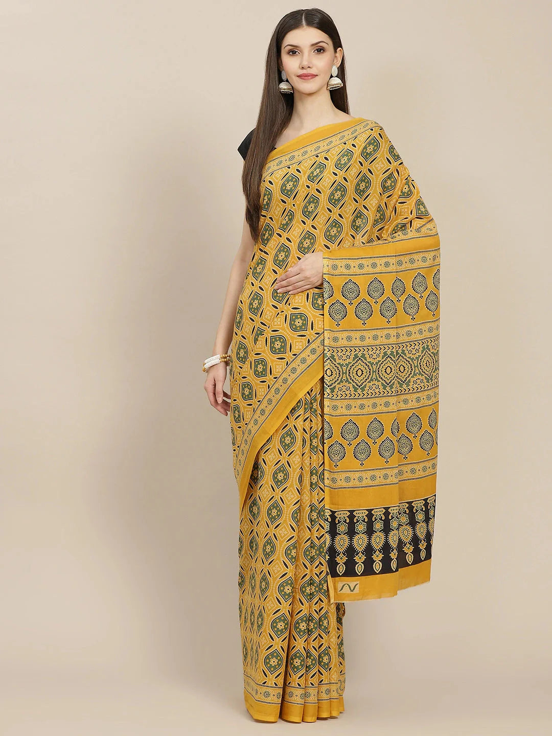 Mustard Yellow Printed Saree