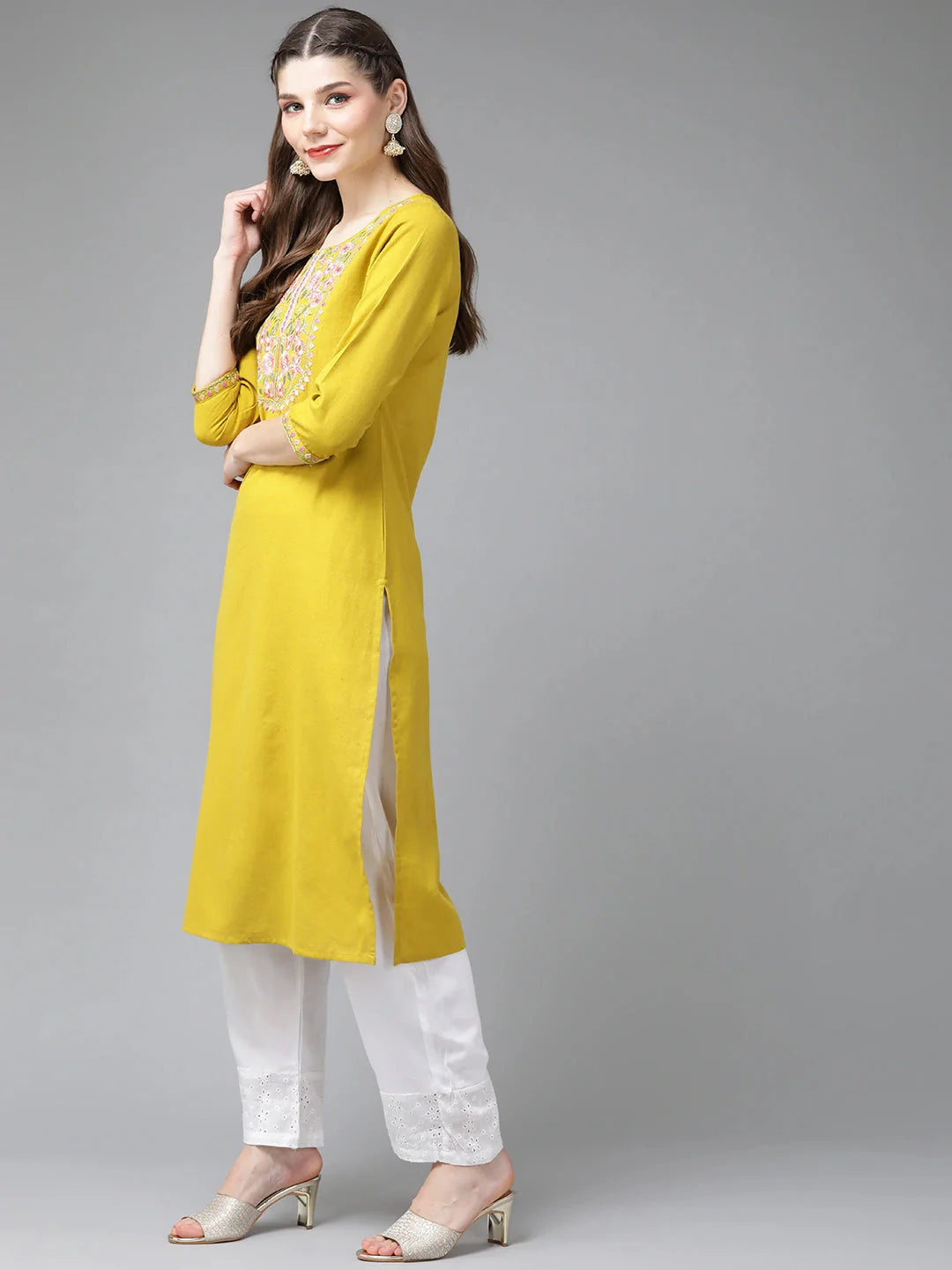 Mustard Yoke Design Kurta-Yufta Store-9557KURMSS