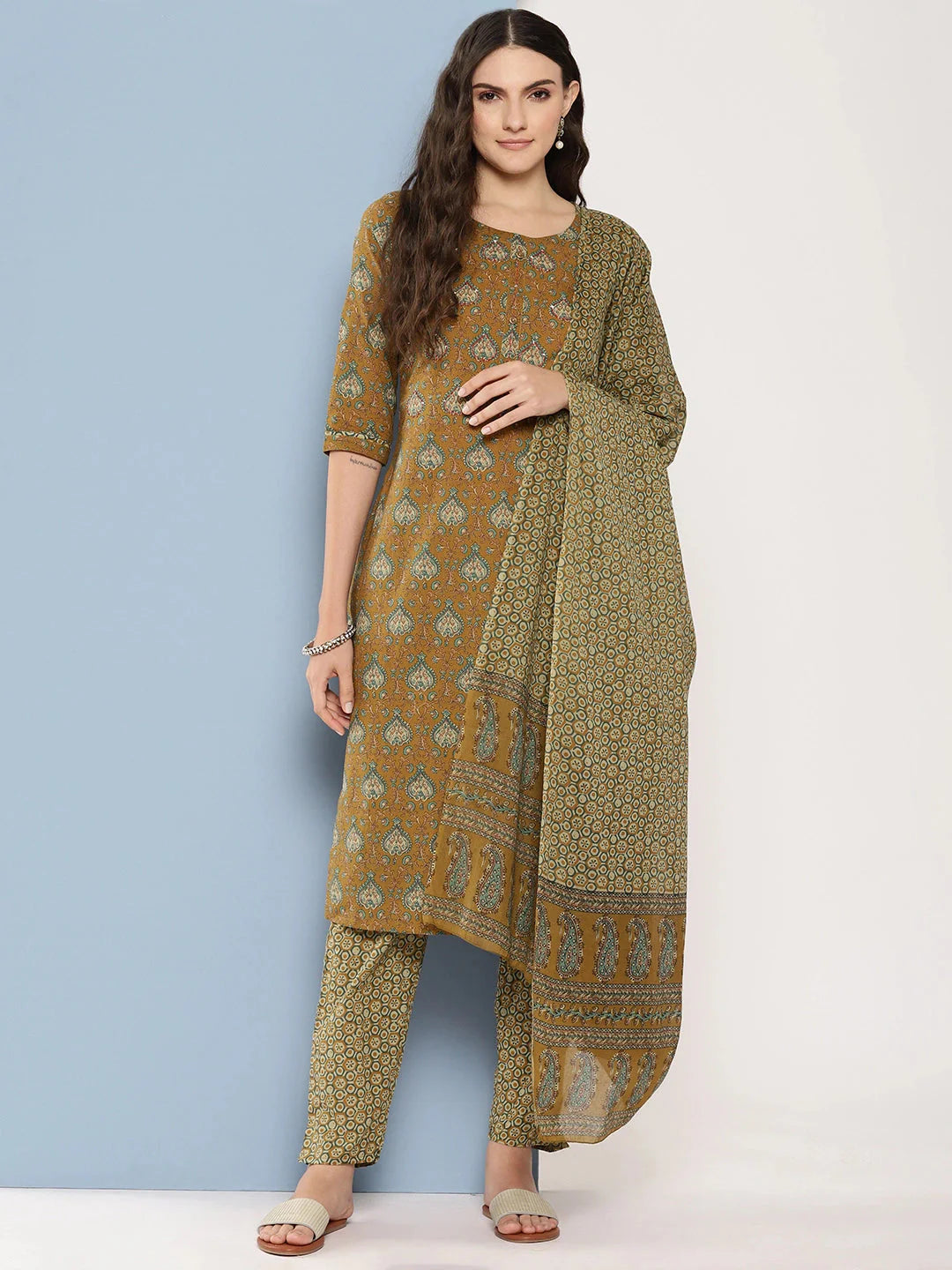 Mustard brown & cream printed Kurta with Trousers with dupatta Set-Yufta Store-1367SKDBRS