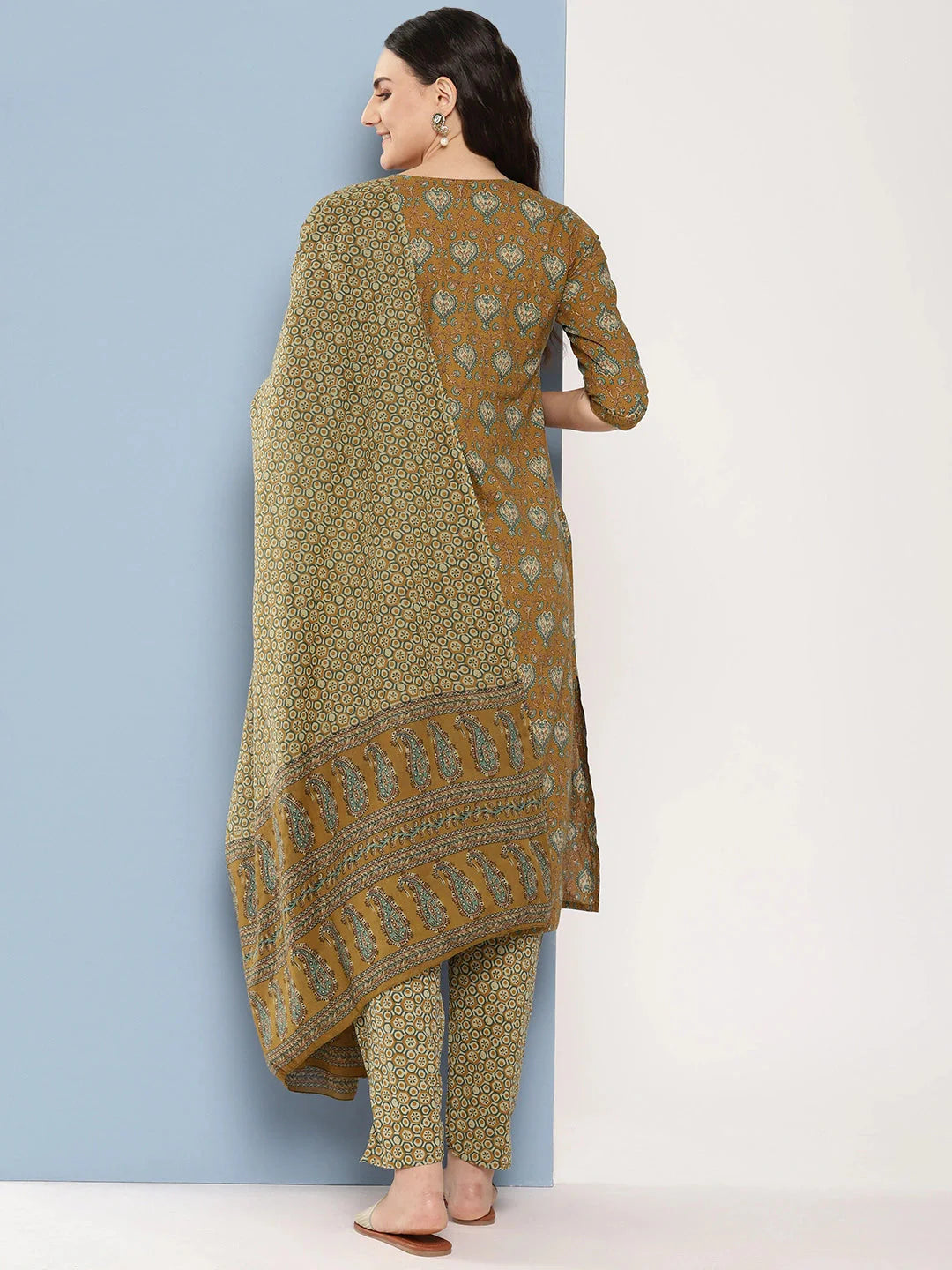 Mustard brown & cream printed Kurta with Trousers with dupatta Set-Yufta Store-1367SKDBRS